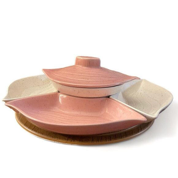 Vintage California Pottery Section Chip Dip Relish Lazy Susan Serving Snack Set - Picture 3 of 16